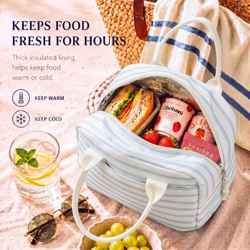 Image of LOVELYWIND Lunch Box for Women, Insulated Lunch Bag, Blue Stripe Tote