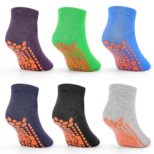 DECOVICI Non-Slip Trampoline Kids Socks Slipper Socks with Grips for Boys 2-13 Years Train Home 6 Pairs(Multicolor1,L)