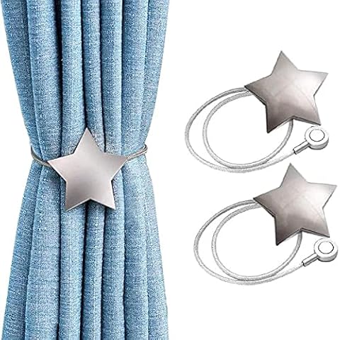 2Pcs Golden Silver Star Curtain Holdbacks,Curtain Slips Rope Holdback,Curtain Holder Buckles with Strong Durable Magnet, Tie Backs for Home Dorm Nursery (Silver, Star) Cover