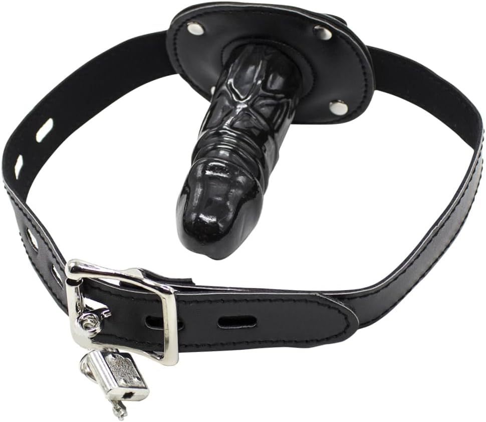 SXOVO Abschliessbare Dildoknebel Mund Knebel, Schwarz Fetisch Bondage Penis Knebel Restraint (Langer 10cm)