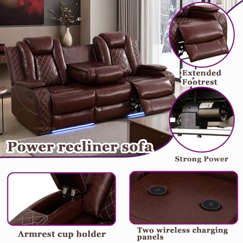 Image of Power Recliner Sectional Sofa Set with LED, Luxury Breathing Leather Reclining Corner Couch Set, 9 Seat L-Shaped Sofa Couch Set with 3 Seats Sofa, Cup Holders /Storage for Living Room