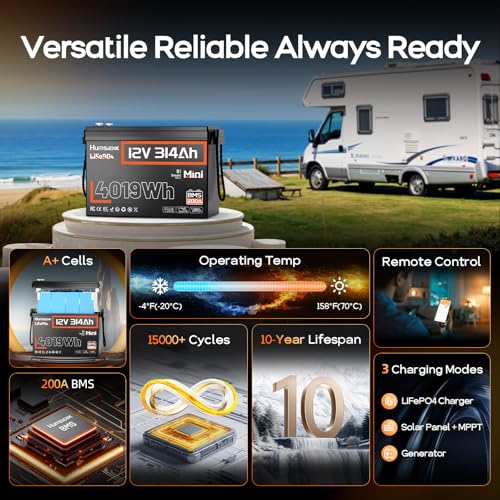 Image of HumsiENK 12V 314Ah (300Ah) LiFePO4 Lithium Battery with Bluetooth - 4.19kWh Energy, 200A BMS, 15000+ Cycles, Low-Temp Protection - for RV, Marine, Solar, Off-Grid, Home Backup (Compact & Lightweight)