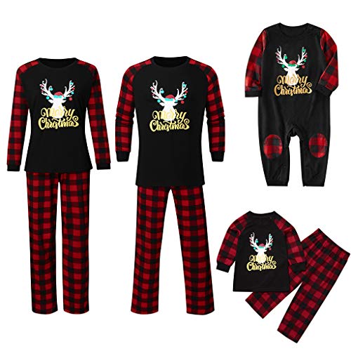Matching Family Pajamas Sets Merry Christmas Letter Printed PJ's with Plaid Long Sleeve Tee and Pants Loungewear
