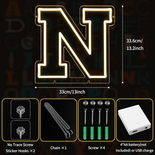 Image of Light Up Letters N, Led Marquee Letter Lights Neon Sign, 13.2 inch Height Decorative Lighted Alphabet Number, Battery /USB Powered Led Letters Lights for Wedding, Birthday, Party, Christmas or Home Decor
