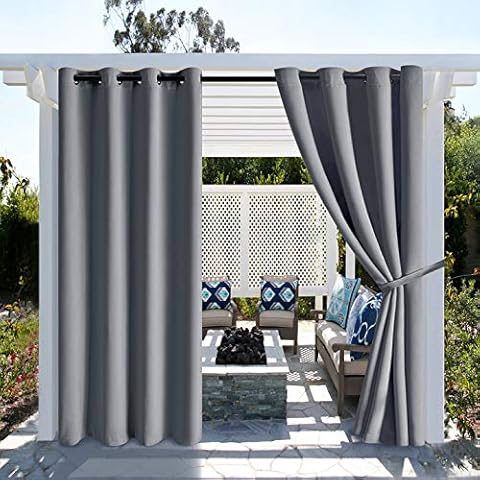 Hiasan Grey Outdoor Curtains for Patio Waterproof - Indoor Outdoor Sun Blocking Thermal Insulated Blackout Curtains for Patio, Gazebo, 52 X 84 Inches Long, 2 Window Curtain Panels and 2 Tiebacks Cover