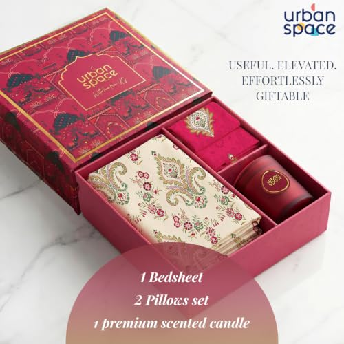 Image of Urban Space Festive Gift Set - 100% Cotton Double Bedsheet with 2 Pillow Covers & Scented Soy Wax Candle, Premium Gift Box, Motif Red, Diwali, Housewarming & Festive Home Decor Gift