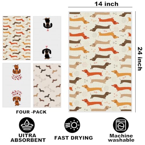 Image of 4 Pcs Dachshund Kitchen Towels 24x14 Inch, Dachshund Gifts Reusable Dish Towels for Kitchen Bathroom Decor, Waffle Weave Absorbent Hand Cloth Tea Towel, Cute Weiner Dog Gifts for Women Mom Friend