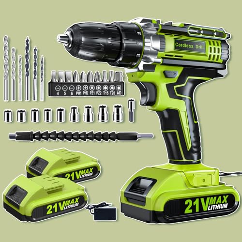 Cordless Drill Set, PowerDrill Driver and Screwdriver Set with 2 Batteries, 10mm Keyless Chuck, 42Nm Max, 25+1 ElectricDrill, 2 Speed Power Combi BatteryDrill Set with 27 Accessories for Home DIY