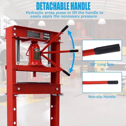 SPOWAY 20 Ton Hydraulic Shop Press, H-Frame Floor Mount Hydraulic Press with Press Plates Adjustable Working Table Height, 20 Ton Shop Press for Car Repair and Garage, Red
