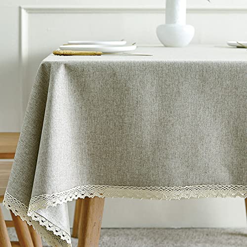 Nappe rectangulaire grise en coton et lin de qualité supérieure avec dentelle