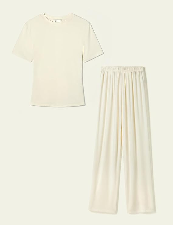 LilySilk Women Silk Jersey Pajama Set Slim Fit Short Sleeve Top Silk Lounge Sleepwear Homewear Ladies Breathable