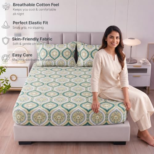 Image of BSB HOME 240 TC Premium Double Bed Fitted Bedsheet, Soft Comfortable Stretchable Mattress Sheet with Elastic Fitted Corners, Durable Easy Care Bedding, 72 x 72 + 10 Inches(183x183+25 cm) - Teal Green