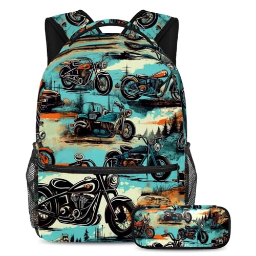 Sac à dos moto multicolore avec trousse scolaire pour ado