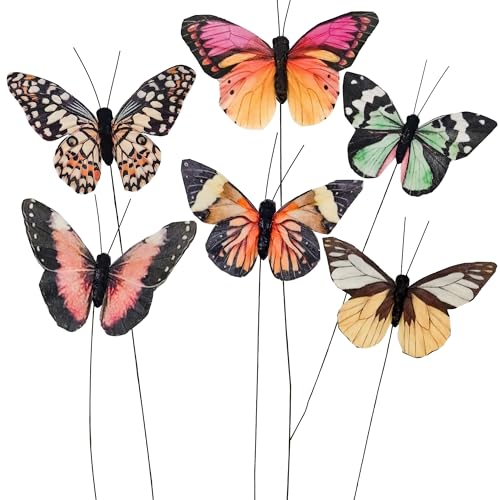 YCHTEWY - Mariposa de plumas para decoración de manualidades, juego de 12 con alambre de 6 colores, para boda, hogar, maceta, fiesta de Navidad, primavera, decoración del hogar floral, YCB63B