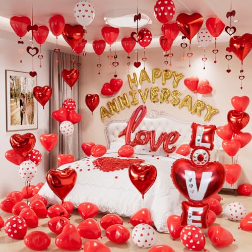 Adeyoo Happy Anniversary Decorations Set Red Heart Balloons with Love Foil Balloons Happy Anniversary Balloon Banner and Silk Rose Petals for Romantic Valentines Day & Sweetest Day Supplies