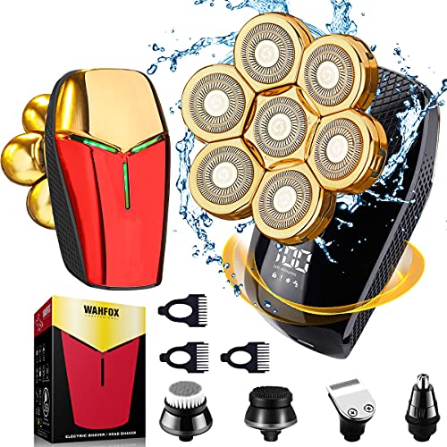 WAHFOX Iron Series 7 Heads 7 Blades Shaver Head Shaver Electric Shavers for Men Head Razor 7 Blade Heads 6 in 1 Multi-Functional Bald Head Shaver Grooming Kit (Red)