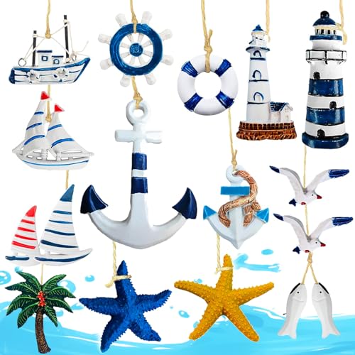 15 Piezas Decoración Náutica Colgante de Pared, Adornos Colgantes de Decoracion Marinera, Decoración Marina Mediterránea Estrella de Mar/Faro/Ancla/Barco, para Decoración de Pared del Hogar, Bar