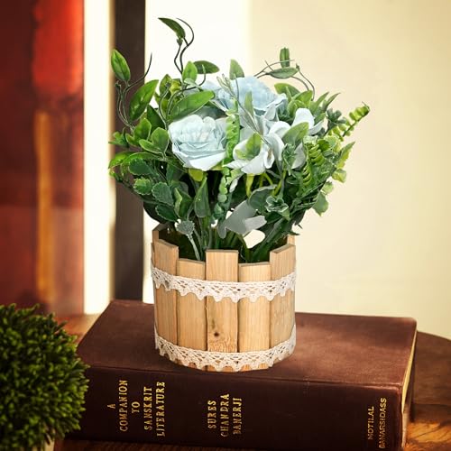 Image of Cortina Wooden Pot Straw Combination | Home Decor Items for Living Room Balcony Kitchen Bedroom Office Table Top Decoration - Light Blue, 20X10