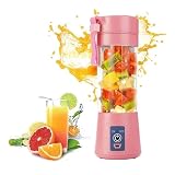 Mini-licuadora portátil con filtro de pulpa, cuchillas de acero inoxidable y vaso de 380 ml con mango para batidos, jugos y smoothies (Rosa)