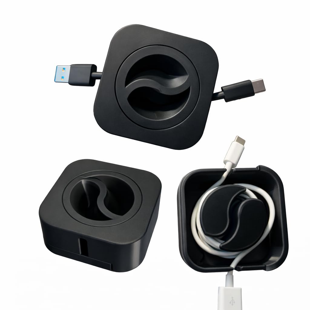 Cable Winder Box Retractable Charging Cable Case USB Organizer Box | Portable Cable Winder Reel Spool Wrap Holder | Travel Desk Cord Management Storage Tangle Free (Black)-image-11