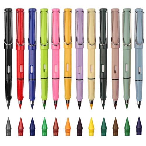 12 lápices infinitos, lápiz eterno con punta de grafito de repuesto y borrador, lápices sin tinta, lápices coloridos para siempre para niños que escriben bocetos, 12 colores