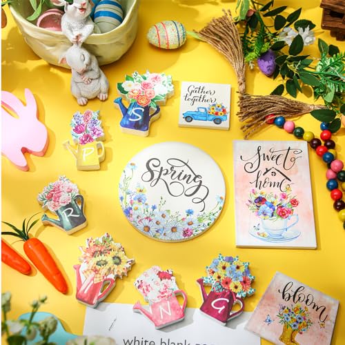 Hungdao 11 Pcs Spring Wood Block Signs Spring Tabletop Decor Spring Wooden Home Decorations Rustic Flower Table Signs Decor Wooden Bead Garland for Home Farmhouse Holiday Party Decor