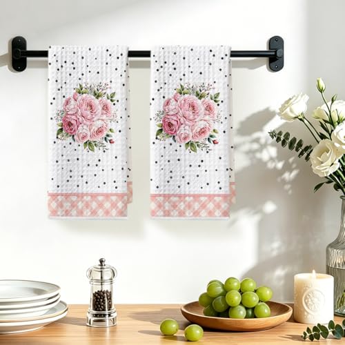 Image of 2Pcs Flower Kitchen Towels 24x14 Inch, Pink Floral Grid Reusable Microfiber Dish Towels, Waffle Weave Hand Tea Towel for Kitchen Home Bathroom Farmhouse Decor, Flowers Gifts for Women Friend