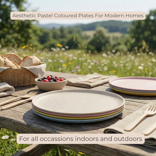 Image of Happy Cove Eco-Friendly Dessert Plate Set of 4, 8 Inch with Engraving Design | Biocomposite Rice Husk & Bamboo Fibre Serving Plates | Unbreakable, Microwave Safe, Oven Plate, Multicolour