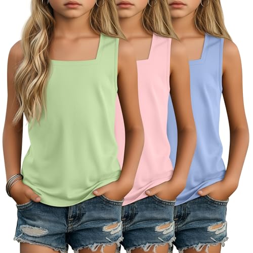 Image of 3 Pack Girls Square Neck Tank Tops | Basic, Sleeveless T-Shirts, Casual Summer Tanks, Kids Undershirts, School, Size 5-14 Years, Comfy, Elasticity