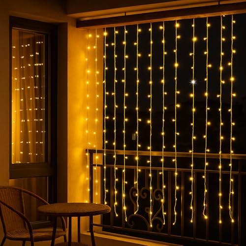Elektronova Zasłona świetlna, 200 diod LED, 5 m, żółte światło, biały kabel, IP65, przedłużana, efekt błysku, z jednolitymi przewodami 50 cm, wieniec bożonarodzeniowy, sklepy, balkon bożonarodzeniowy