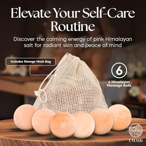 UMAID Himalayan Salt Massage Balls 6-Pack with Cotton Mesh Bag, Natural Therapy Stones for Hot & Cold Muscle Relief, Relaxation & Spa Massage, Warm in Microwave or Chill in Freezer