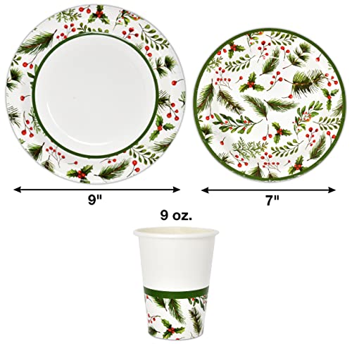Christmas Party Supplies Tableware Set Serves 24 Holiday Disposable Dinnerware with Plates Cups and Napkins Festive Seasonal Holly Design for Christmas Celebrations – Image 4