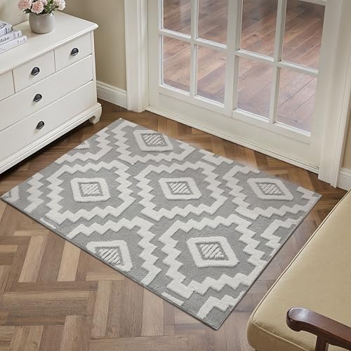 PureCozy Grau Weiß Teppich Wohnzimmer 80x150cm Boho Schlafzimmer Waschbarer Groß Teppiche 3D Effekt Gegend Kurzflor Flauschig Rutschmatte Esszimmer Kinderzimmer Bettvorleger Carpet 3d | Grau