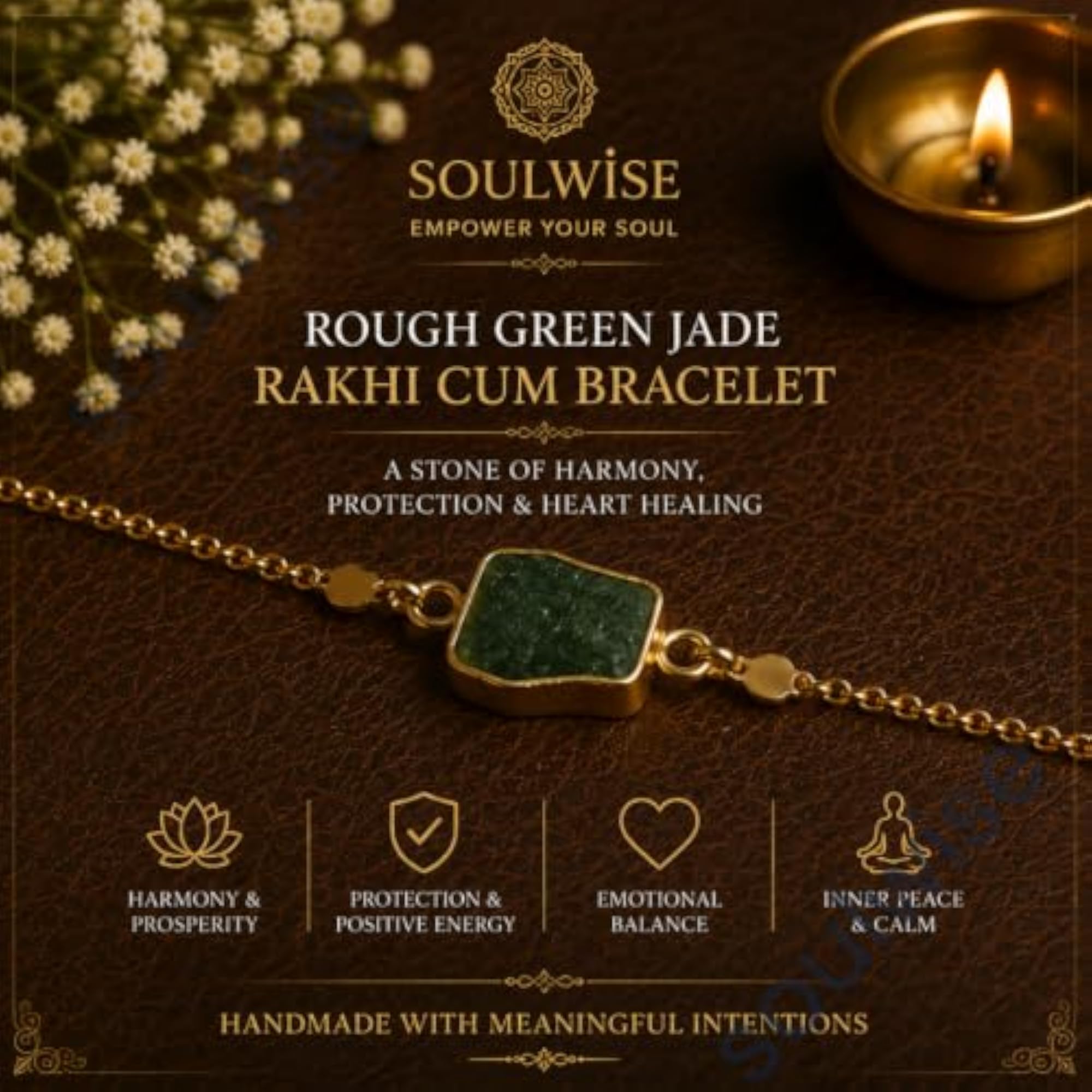 Rough Green Jade Rakhi Cum Bracelet with Gold Chain