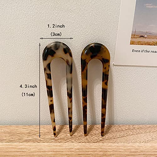 2 Pack Benefree French Style Cellulose Acetate Tortoise Shell U Shaped Hair Pins Fork 2 Prong Updo Chignon Pin For Women Girls Hairstyle Accessories（Tortoiseshell And White Tortoiseshell) #TOP2