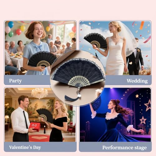 Image of Vintage Bridal Lace Hand Fan, Floral Embroidery Glitter Tassels Foldable | Wedding Dance Tea Party Gift for Women, Mother, Bride, Compact Retro Cosplay