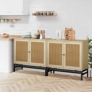 Recaceik ratten sideboard buffet cabinetconsole table natural accent storage cabinet with 2 ratten doors and metal legs rustic wood sideboard furniture bedroom kitchen  urban country home decor