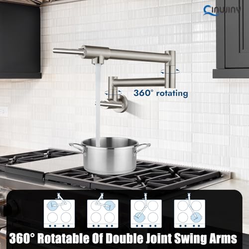 Image of Brushed Nickel Pot Filler Wall Mount Kitchen Restaurant Sink Faucet Stainless Steel Stretchable Commercial Faucet with Folding Double Joint Swing Arm Single Hole Two Handles