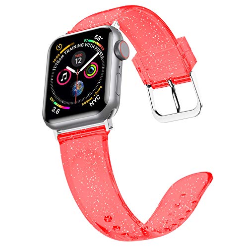 iiteeology Compatible with Apple Watch Band 42mm 41mm 40mm 38mm, Soft Glitter Clear iWatch Bands for Women Series 1-12 - Red - image 3