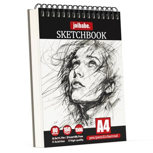joibabe A4 Sketch Book, Hardcover Spiral Bound Sketchbook 150gsm, 80 Sheets 160 Pages Sketch Pad,Natural White Drawing Book, Professional Drawing Pad for Kids & Adults & Artists