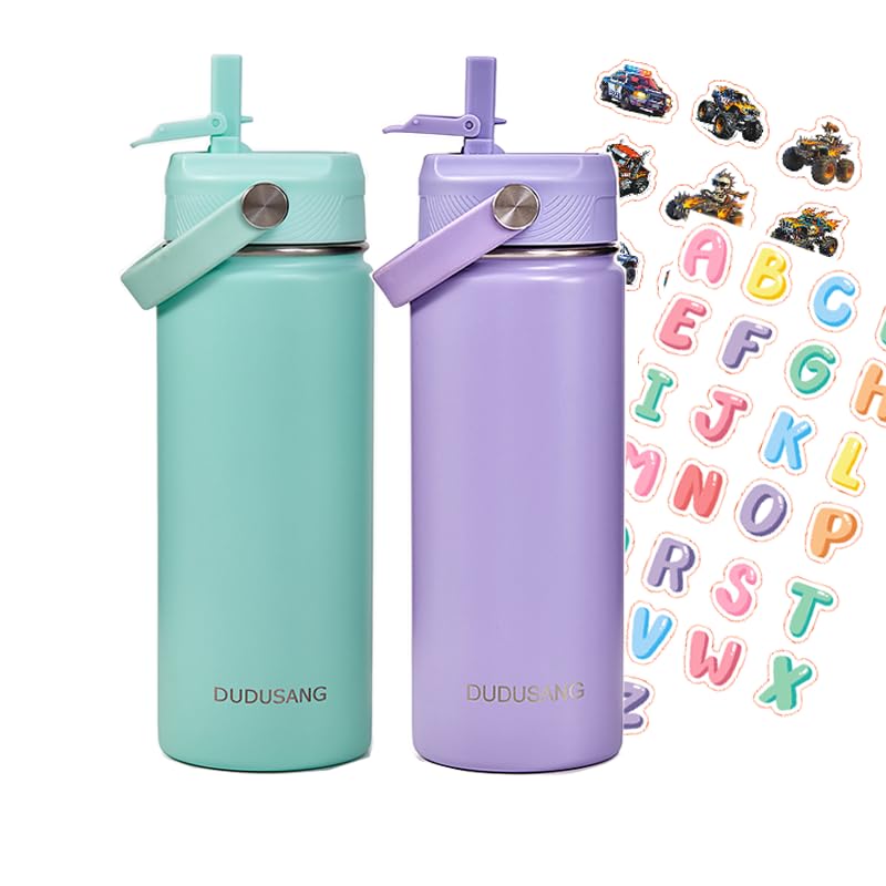 2Pack 18oz Kids Insulated Water Bottle - Bulk Stainless Steel Water Bottles for School Boys/Girls Flip Top Leak Spill Proof Vacuum Metal Cups BPA Free Thermos (Light Purple, 18 Ounces)