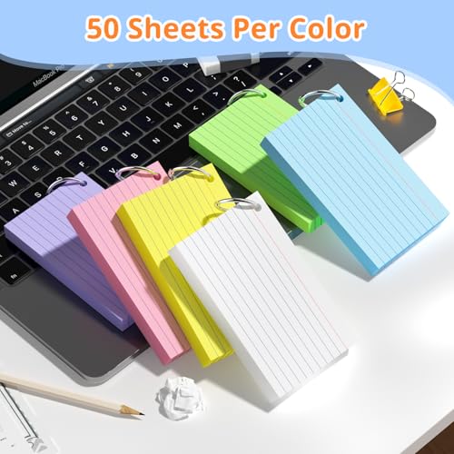 Index Cards 3x5 Inches, 300 PCS, Colored Flash Cards With Ring, Punched Lined Study Card Ruled Flashcards Notecards, Ruled Front And Blank Back, Note Card for School, College And Home - Image 5