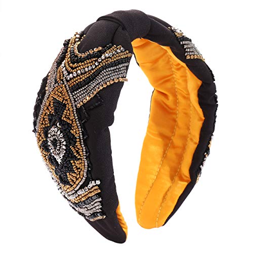 NLCAC Beaded Headband for Women Handmade Beaded Evil Eye Embroidered Knotted Turban Headband Statement Wide Fabric Hairband Headdress Hair Accessories (Black)