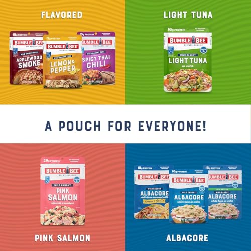 Image of Bumble Bee Seasoned Tuna Pouch Favorite Flavors Bundle (4 Total Pouches) - Lemon & Pepper Tuna, Applewood Smoke Tuna, Spicy Thai Chili Tuna, and Jalapeno Tuna - Ready to Eat 2.5 oz Packets