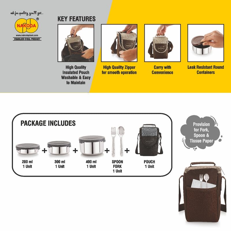 Image of NAKODA Trendy Small Insulated Lunch Pack (3 Stainless Steel Container 200ML | 300ML | 400ML | Steel Spoon & Fork) Set of 3-Grey