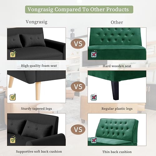 Vongrasig 48\" Small Modern Loveseat Sofa, Mid Century Soft Corduroy Fabric 2-Seat Sofa Couch Tufted Love Seat with Back Cushions and Tapered Legs for Living Room, Bedroom and Small Space (Black)