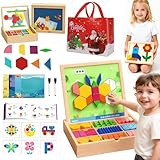Wooden Magnetic Pattern Block Puzzle Set, Montessori Tangram Puzzle STEM Educational Pattern Recognition Puzzles to Boost Creativity, Shape Recognition, Early Math Skills, for Girls & Boys (180Pcs)