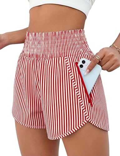 BMJL Womens Athletic Shorts High Waisted Running Short Pocket 2.5 Sporty Shorts Gym Elastic Workout Shorts(M Red Striped)