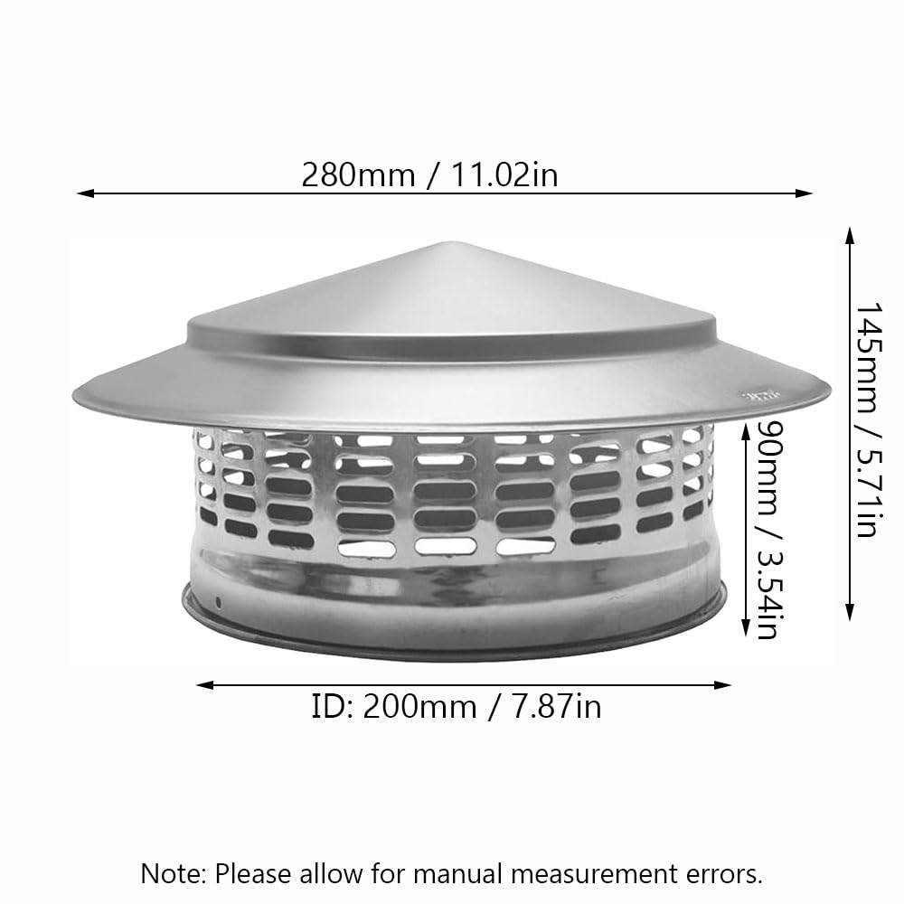 Cappello per Camino Acciaio Inox 304 Tubo Stufa Cappello parapioggia a Forma di Ombrello Design Universal Cono Top Cappuccio da Tetto Facile da installare (200mm / 7.87in)