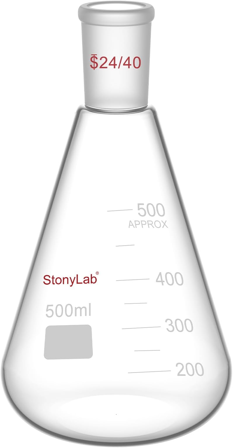 StonyLab Glass 24/40 Erlenmeyer Flask, Borosilicate Glass Heavy Wall Flask with 24/40 Standard Taper Outer Joint, 500ml
